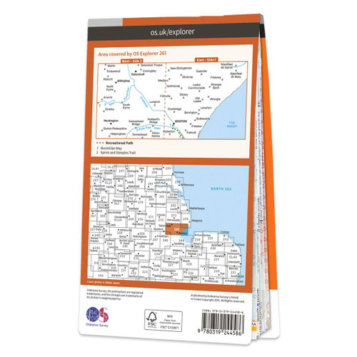 Rear orange cover of OS Explorer Map 261 Boston showing the area covered by the map and the wider area
