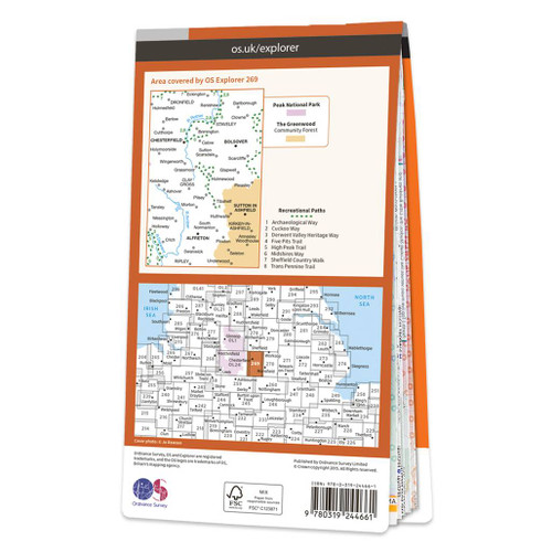 Rear orange cover of OS Explorer Map 269 Chesterfield & Alfreton showing the area covered by the map and the wider area