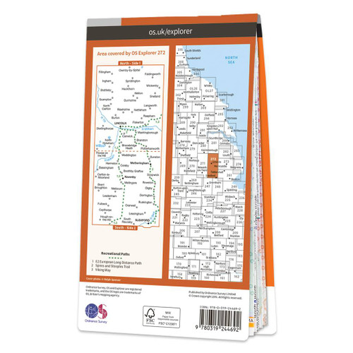 Rear orange cover of OS Explorer Map 272 Lincoln showing the area covered by the map and the wider area