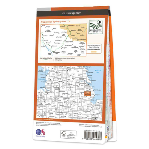 Rear orange cover of OS Explorer Map 273 Lincolnshire Wolds South showing the area covered by the map and the wider area