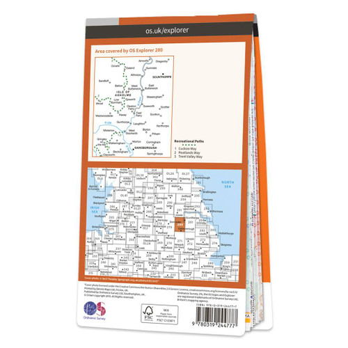 Rear orange cover of OS Explorer Map 280 Isle of Axholme showing the area covered by the map and the wider area