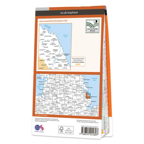 Rear orange cover of OS Explorer Map 283 Louth & Mablethorpe showing the area covered by the map and the wider area