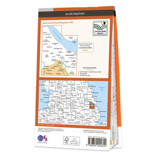 Rear orange cover of OS Explorer Map 284 Grimsby, Cleethorpes & Immingham showing the area covered by the map and the wider area