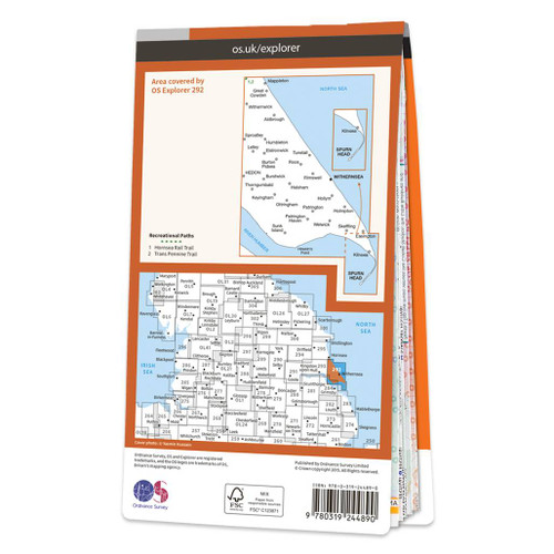 Rear orange cover of OS Explorer Map 292 Withernsea & Spurn Head showing the area covered by the map and the wider area