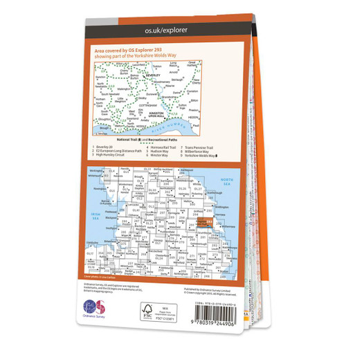 Rear orange cover of OS Explorer Map 293 Kingston upon Hull & Beverley showing the area covered by the map and the wider area