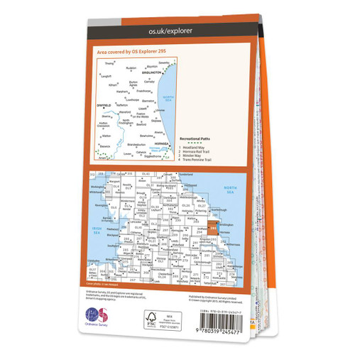 Rear orange cover of OS Explorer Map 295 Bridlington, Driffield & Hornsea showing the area covered by the map and the wider area