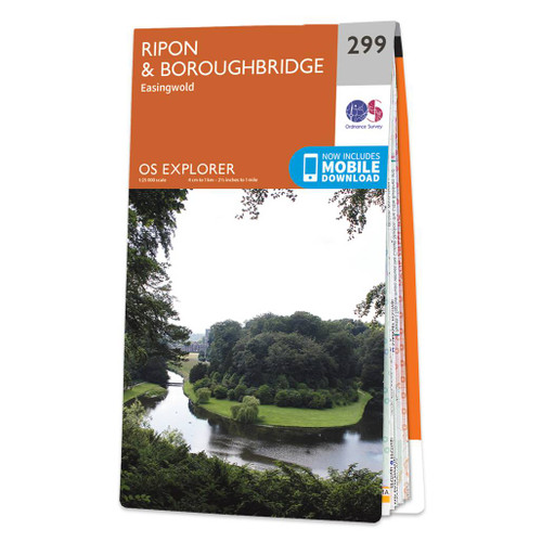Orange front cover of 299 OS Explorer Map of Ripon & Boroughbridge with an image of the River Skell