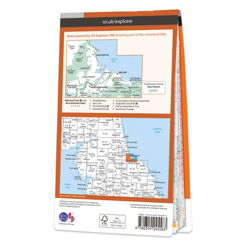 Rear orange cover of OS Explorer Map 306 Middlesbrough & Hartlepool showing the area covered by the map and the wider area