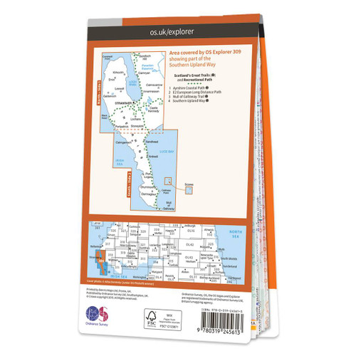 Rear orange cover of OS Explorer Map 309 Stranraer & The Rhins showing the area covered by the map and the wider area