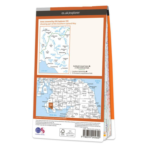 Rear orange cover of OS Explorer Map 310 Glenluce & Kirkcowan showing the area covered by the map and the wider area