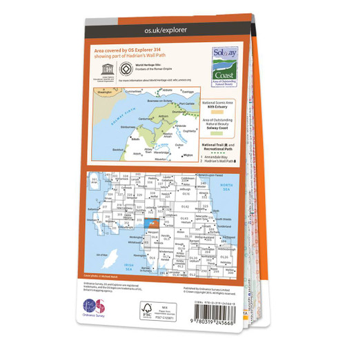 Rear orange cover of 314 OS Explorer Map of Solway Firth showing the area covered by the map and the wider area