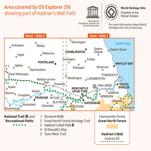 Rear orange cover of OS Explorer Map 316 Newcastle upon Tyne showing the area covered by the map