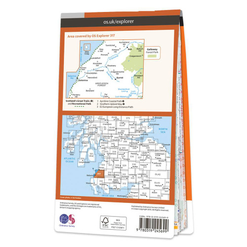 Rear orange cover of OS Explorer Map 317 Ballantrae, Barr & Barrhill  showing the area covered by the map and the wider area