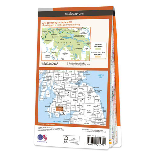 Rear orange cover of OS Explorer Map 319 Galloway Forest Park South showing the area covered by the map and the wider area