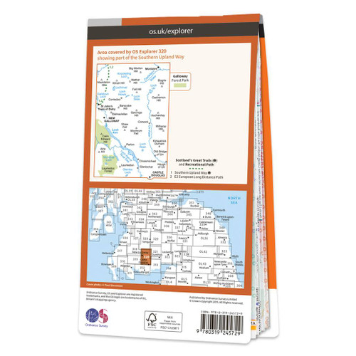 Rear orange cover of OS Explorer Map 320 Castle Douglas, Loch Ken & New Galloway showing the area covered by the map and the wider area