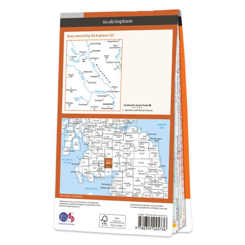 Rear orange cover of OS Explorer Map 321 Nithsdale & Dumfries showing the area covered by the map and the wider area