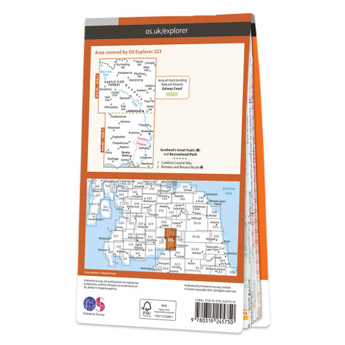 Rear orange cover of OS Explorer Map 323 Eskdale and Castle O'er Forest showing the area covered by the map and the wider area