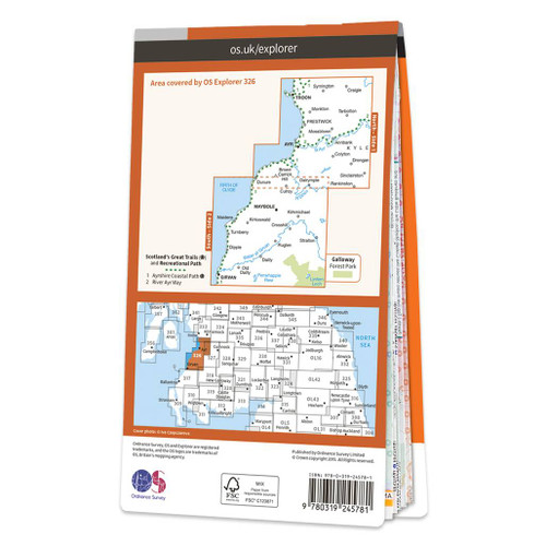 Rear orange cover of OS Explorer Map 326 Ayr & Troon showing the area covered by the map and the wider area