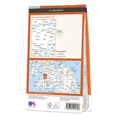 Rear orange cover of OS Explorer Map 327 Cumnock & Dalmellington showing the area covered by the map and the wider area