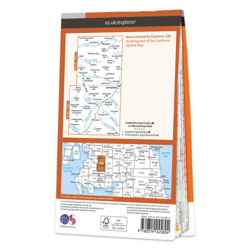 Rear orange cover of OS Explorer Map 328 Sanquhar & New Cumnock showing the area covered by the map and the wider area