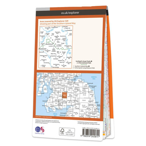 Rear orange cover of OS Explorer Map 329 Lowther Hills, Sanquhar & Leadhills showing the area covered by the map and the wider area