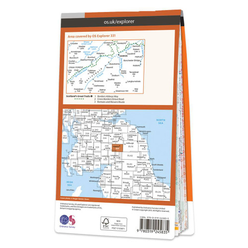 Rear orange cover of OS Explorer Map 331 Teviotdale South showing the area covered by the map and the wider area