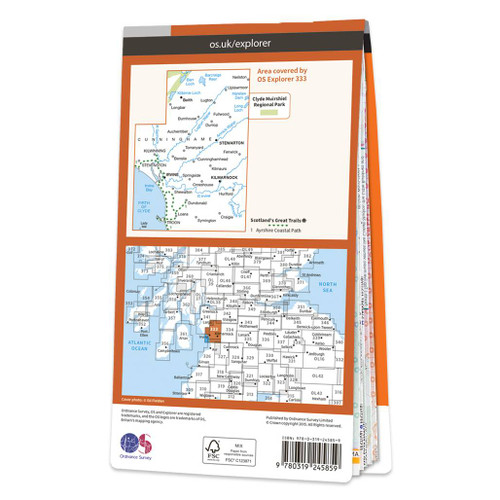 Rear orange cover of OS Explorer Map 333 Kilmarnock & Irvine showing the area covered by the map and the wider area