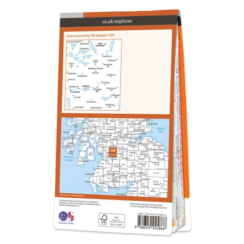 Rear orange cover of OS Explorer Map 334 East Kilbride, Galston & Darvel showing the area covered by the map and the wider area