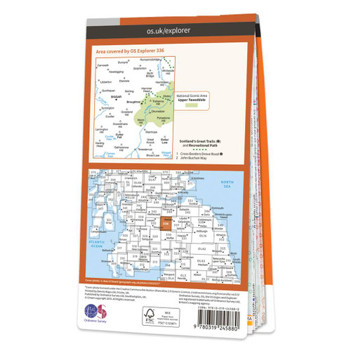 Rear orange cover of OS Explorer Map 336 Biggar & Broughton showing the area covered by the map and the wider area