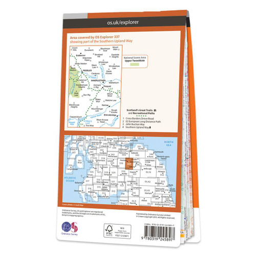 Rear orange cover of OS Explorer Map 337 Peebles & Innerleithen showing the area covered by the map and the wider area