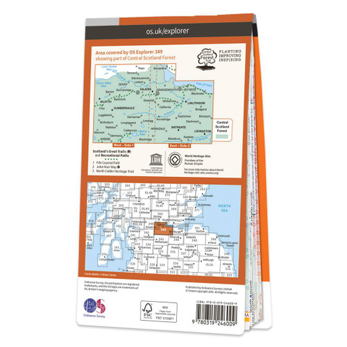 Rear orange cover of OS Explorer Map 349 Falkirk, Cumbernauld & Livingston showing the area covered by the map and the wider area