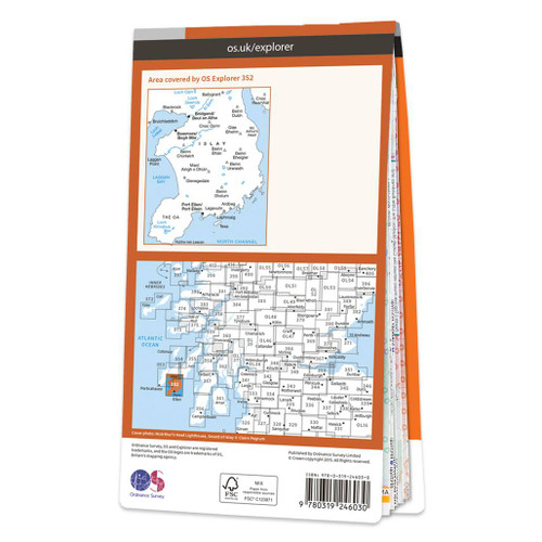 Rear orange cover of OS Explorer Map 352 Islay South showing the area covered by the map and the wider area
