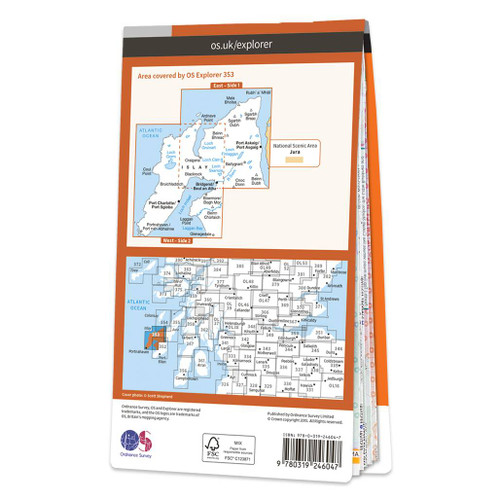 Rear orange cover of OS Explorer Map 353 Islay North showing the area covered by the map and the wider area