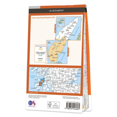 Rear orange cover of OS Explorer Map 355 Jura & Scarba showing the area covered by the map and the wider area