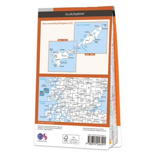 Orange OS rear cover of Map of Coll & Tiree Explorer 372 showing the islands of Coll and Tiree and the wider area covered by other maps