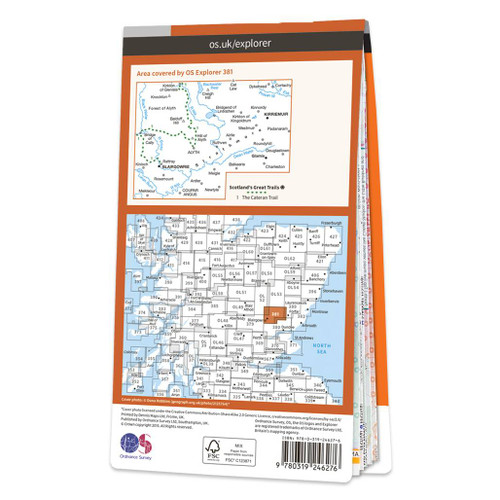 Rear orange cover of OS Explorer Map 381 Blairgowrie, Kirriemuir & Glamis showing the area covered by the map and the wider area