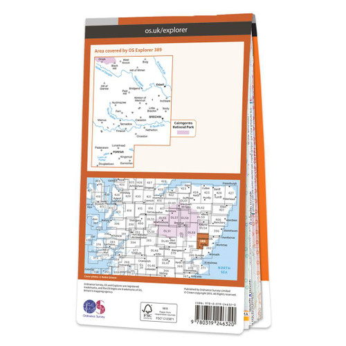 Rear orange cover of OS Explorer Map 389 Forfar, Brechin & Edzell showing the area covered by the map and the wider area