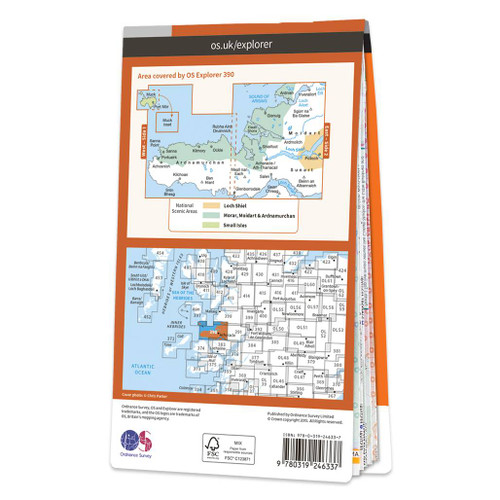 Rear orange cover of OS Explorer Map 390 Ardnamurchan showing the area covered by the map and the wider area
