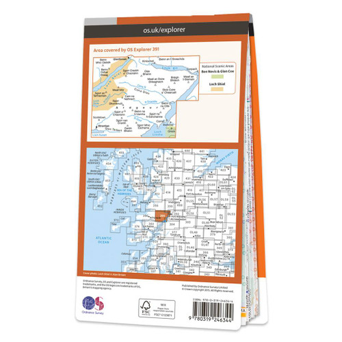 Rear orange cover of OS Explorer Map 391 Ardgour & Strontian showing the area covered by the map and the wider area
