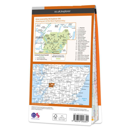 Rear orange cover of OS Explorer Map 392 Ben Nevis & Fort William showing the area covered by the map and the wider area