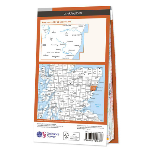 Rear orange cover of OS Explorer Map 396 Stonehaven, Inverbervie & Laurencekirk showing the area covered by the map and the wider area