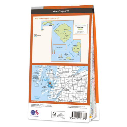 Rear orange cover of OS Explorer Map 397 Rùm, Eigg, Muck, Canna & Sanday showing the area covered by the map and the wider area