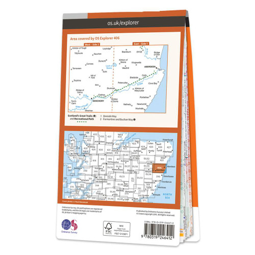 Rear orange cover of OS Explorer Map 406 Aberdeen & Banchory showing the area covered by the map and the wider area