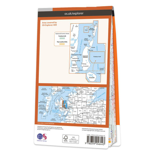 Rear orange cover of OS Explorer Map 409 Raasay, Rona & Scalpay showing the area covered by the map and the wider area