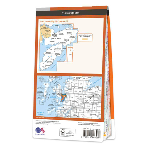 Rear orange cover of OS Explorer Map 412 Skye - Sleat showing the area covered by the map and the wider area