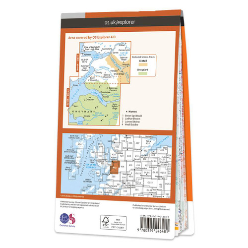 Rear orange cover of OS Explorer Map 413 Knoydart, Loch Hourn & Loch Duich showing the area covered by the map and the wider area