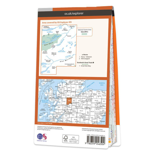 Rear orange cover of OS Explorer Map 415 Glen Affric & Glen Moriston showing the area covered by the map and the wider area