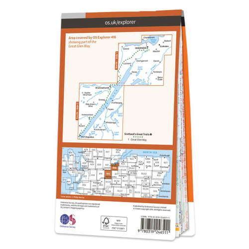 Rear orange cover of OS Explorer Map 416 Inverness, Loch Ness & Culloden showing the area covered by the map and the wider area