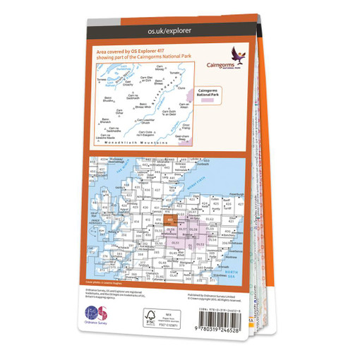 Rear orange cover of OS Explorer Map 417 Monadhliath Mountains North & Strathdearn showing the area covered by the map and the wider area