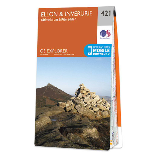 Orange front cover of 421 OS Explorer Map of Ellon & Inverurie with an image of Mither Tap hill fort